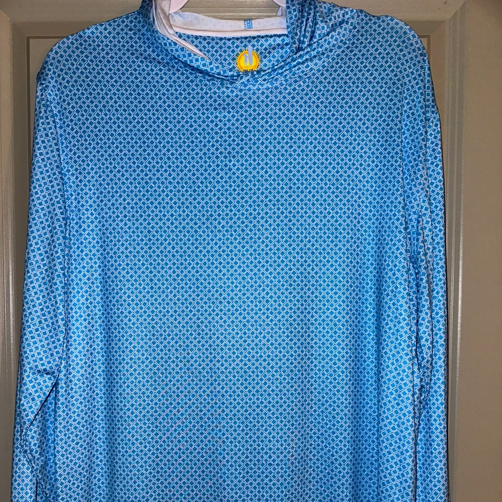 Tommy Bahama blue pattern performance hoodie with UV 50 protection